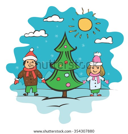 doodle small child drawing card with children and christmas tree vector illustration - Drawing For Small Children doodle small child drawing card with children and christmas tree vector illustration - Drawing For Small Children