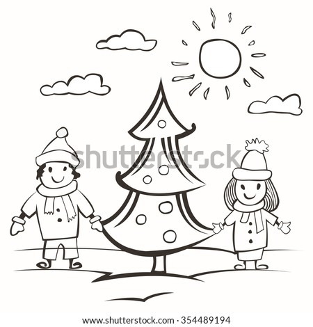 doodle small child drawing card with children and christmas tree vector illustration - Drawing For Small Children doodle small child drawing card with children and christmas tree vector illustration - Drawing For Small Children