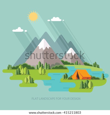 summer landscape. Morning landscape in the mountains. Solitude in nature by the river. Weekend in the tent. Hiking and camping. Vector flat illustration