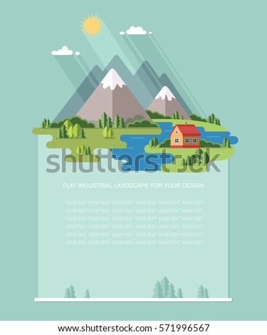 Blank for text. Rural summer, spring landscape. Houses in the mountains among the trees, rest in a village the lake and the river. Flat vector Infographics design