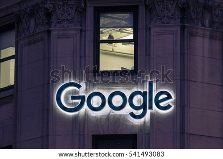 MONTREAL, CANADA - DECEMBER 22,2016: Picture of the Google logo on Google headquarters on Sainte Catherine Street in Montreal, Quebec, Canada