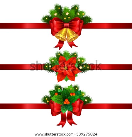Christmas festive decoration from christmas tree branches, poinsettia, holly and gold bells with red ribbon