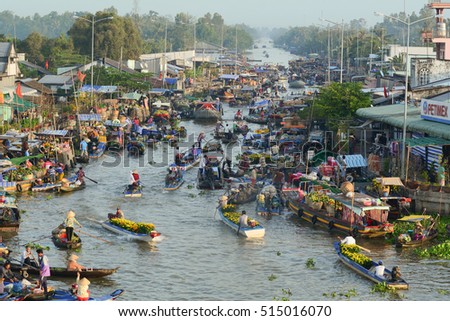 Soc Trang, Vietnam - Feb 2, 2016. View of Nga Nam floating market in Mekong Delta, southern Vietnam. Nga Nam is one of famous market in southern Vietnam.