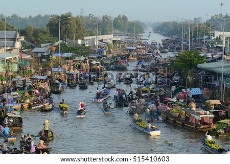 Soc Trang, Vietnam - Feb 2, 2016. View of Nga Nam floating market at sunrise in Soc Trang, southern Vietnam. Nga Nam is one of famous market in southern Vietnam.
