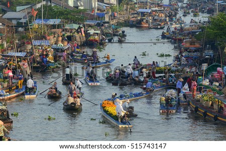 Soc Trang, Vietnam - Feb 2, 2016. View of Nga Nam floating market in Soc Trang, southern Vietnam. Nga Nam is one of famous markets in southern Vietnam.