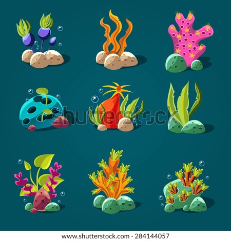 Set of cartoon algae, elements for aquarium decoration. Vector illustration.