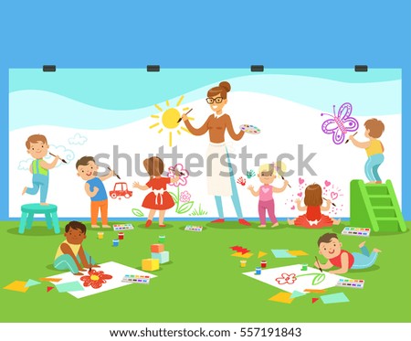 young children in art class drawing and painting with teacher in a nursery school - Children Drawing Pictures For Painting young children in art class drawing and painting with teacher in a nursery school - Children Drawing Pictures For Painting