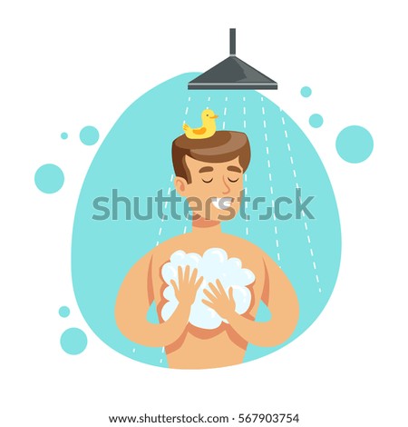 Man Washing Himself With Soap In Shower, Part Of People In The Bathroom Doing Their Routine Hygiene Procedures Series