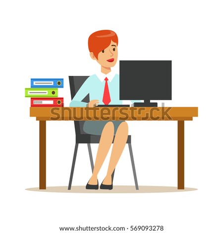 Woman Working At Her Desk With Computer And Folders, Part Of Office Workers Series Of Cartoon Characters In Official Clothing