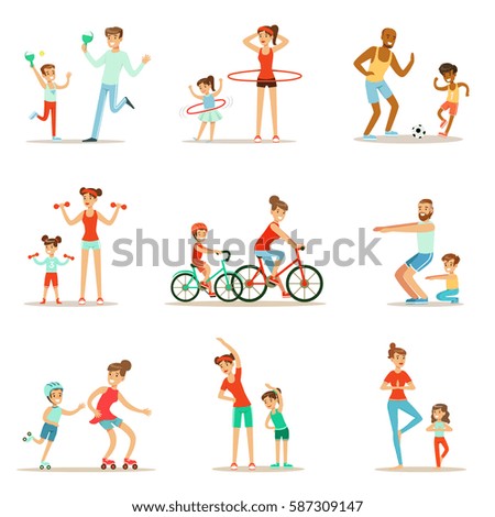 Parent And Child Doing Sportive Exercises And Sport Training Together Having Fun Set Of Scenes