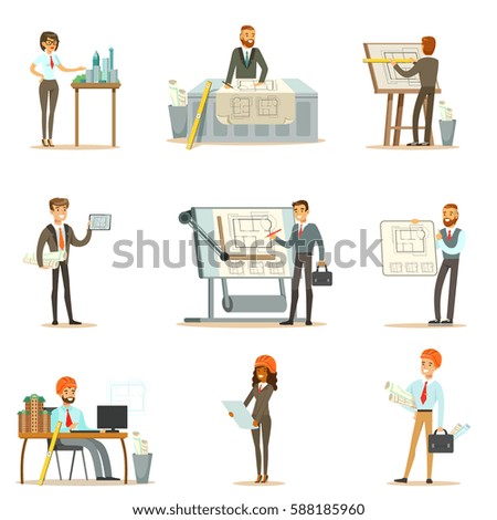 Architect Profession Set Of Vector Illustrations With Architects Designing Projects And Blueprints For Building Construction