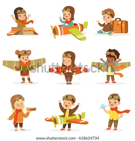 Small Children In Pilot Costumes Dreaming Of Piloting The Plane, Playing With Toys Adorable Cartoon Characters