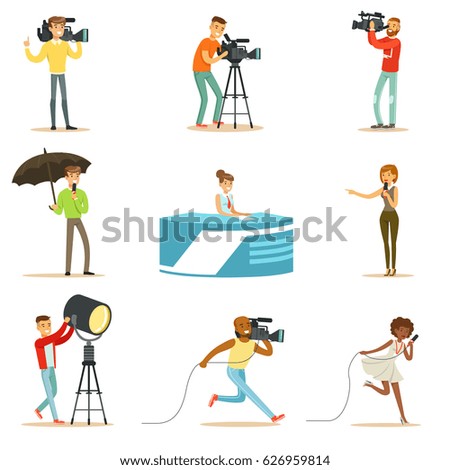 News Program Crew Of Professional Cameramen And Journalists Creating TV Broadcast Of Live Television Set Of Cartoon Characters