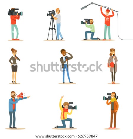 News Program Crew Of Professional Cameramen And Journalists Creating TV Broadcast Of Live Television Collection Of Cartoon Characters