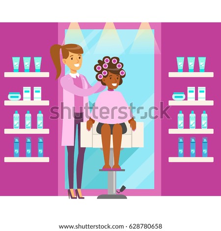 Happy woman with hair curlers. Colorful cartoon character vector Illustration