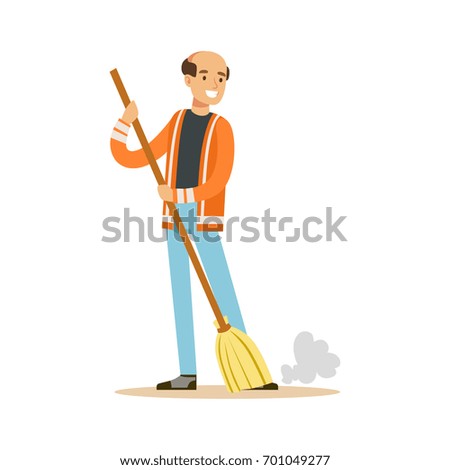Smiling mature street sweeper at work, street cleaner character vector Illustration
