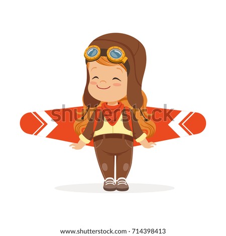 Happy little boy in pilot costume playing with wings, kid dreaming of piloting the plane vector Illustration