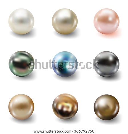 Pearl realistic set isolated on white background. Spherical beautiful 3D orb with transparent glares and highlights for decoration. Jewelry gemstones. Vector Illustration for your design and business