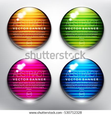 Abstract vector banner set of 4. Glass marbles with yellow, green, blue and violet design on the white background. Each item contains space for own text. Vector illustration. Eps10.
