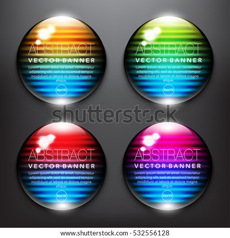 Abstract vector banner set of 4. Glass marbles with yellow, green, blue and violet design on the black background. Each item contains space for own text. Vector illustration. Eps10.