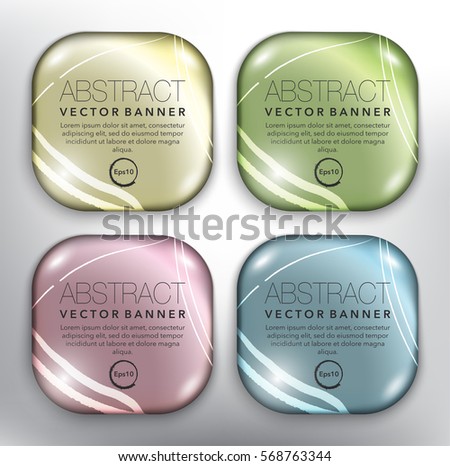 Abstract vector banners set of 4. Round pebble stones. Colorful and glossy with realistic light and shadow on the white panel. Vector illustration. Eps10.