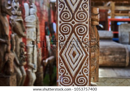 Group Different Balinese Wooden Statues Displayed Stock 