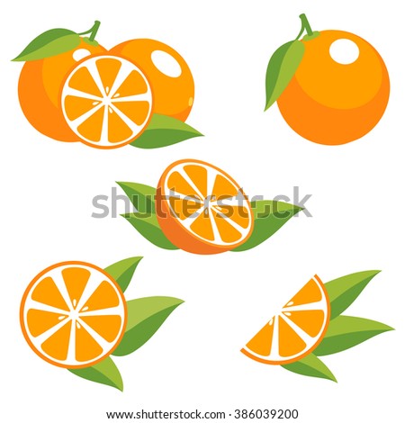 Orange fruit with leaves. Collection of different fresh orange fruit.