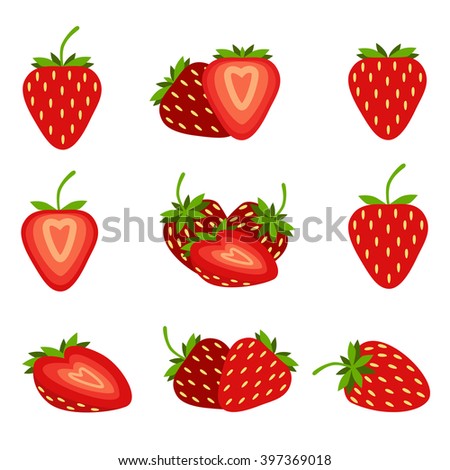 Red strawberry with leaves. Collection of different fresh red strawberry.