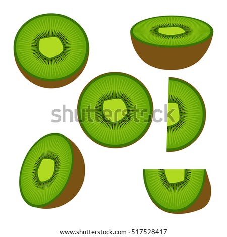 Collection of kiwi fruit and his sliced segments isolated on white background.
