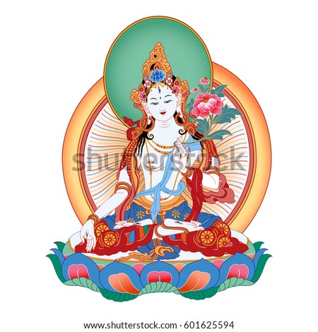 White Tara sits in a meditation posture on a lotus flower. A symbol of the Tibetan Buddhism. Buddha. Color design.