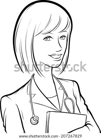 Whiteboard Drawing Smiling Woman Doctor Papers Stock 