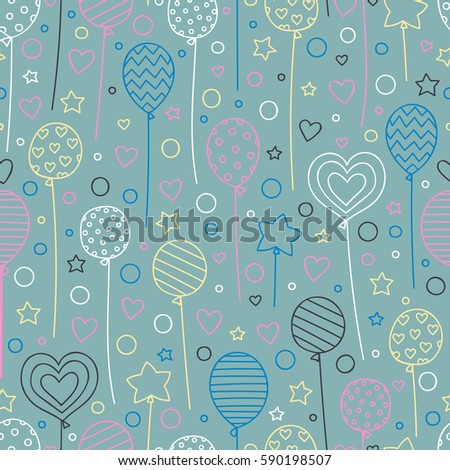 Party time! Vector seamless pattern with hand drawn balloons. Doodle elements - stars, dots, hearts, balloons. Festive background for birthday party. Pink, blue, yellow, objects on gray backdrop.