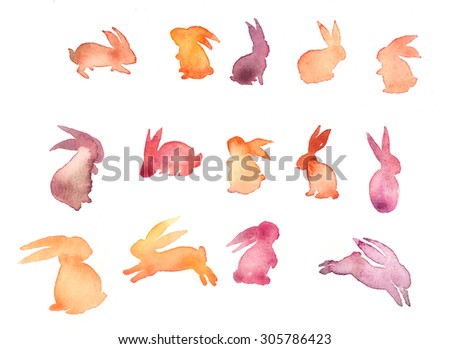 Set of sweet Happy rabbit illustration. Watercolor rabbit silhouette. Mid-Autumn festival. lovely background with hare. Funny doodle bunny. Watercolor bunny