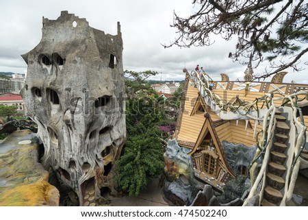 NHA TRANG, VIETNAM - JUNE 23, 2016: View to the roofs and stairs of fairy tale's buildings in an amusement park in Vietnam