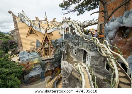 NHA TRANG, VIETNAM - JUNE 23, 2016: View to the stairs and roofs of fairy tale's buildings in an amusement park in Vietnam