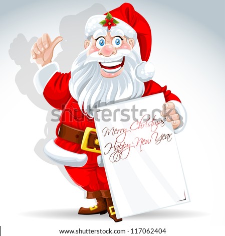 Cute Santa Claus holds banner for text