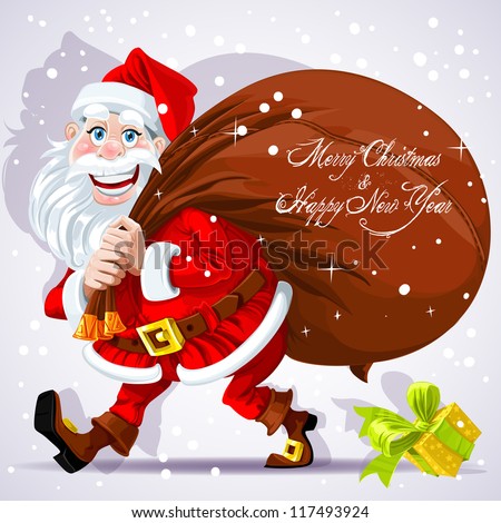 Cute Santa Claus carries a bag of gifts and Happy New Year wishes