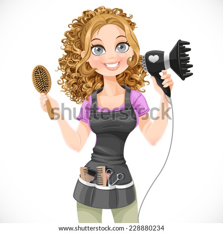 Cute girl hairdresser with hair dryer and hairbrush isolated on a white background