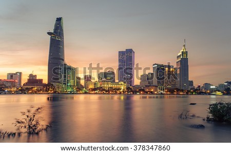 HO CHI MINH CITY - FEB 12 2016: Skyscrapers business center in Ho Chi Minh City on Vietnam Saigon in sunset
