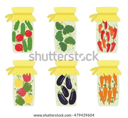 Set of pickled jars with vegetables. Vector illustration. Vector pickled cucumber, pickled vegetables, pickled pepper, pickled tomato, carrot, eggplant, cabbage.