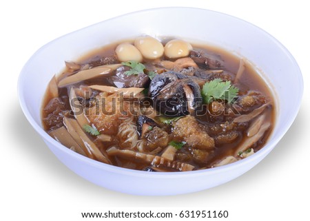 Braised Fish Maw in Red Gravy with crab in bowl on white background. on white bowl for Thai food and with clipping path