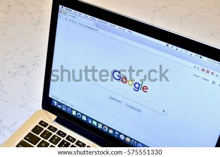 WASHINGTON DC, USA - FEBRUARY 09, 2017: An Apple MacBook Pro displaying a Google search on the Google Chrome browser.