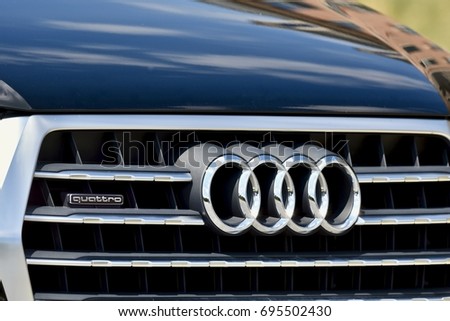 WASHINGTON DC, USA - AUGUST 13, 2017: A black Audi Quattro Q7 SUV parked on the street.