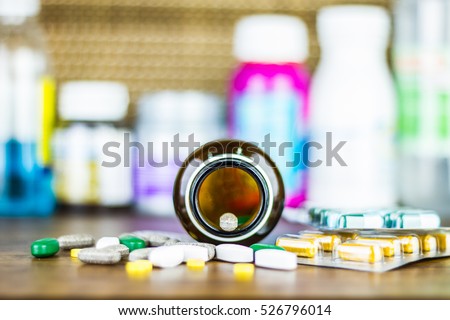 Drug prescription for treatment medication. Pharmaceutical medicament, cure in container for health. Pharmacy theme, capsule pills with medicine antibiotic in packages.