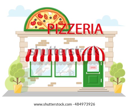 Facade Pizzeria With A Signboard Awning And Silhouettes People In Shopwindow Image Facade Pizzeria With A Signboard Awning And Silhouettes People In Shopwindow Image