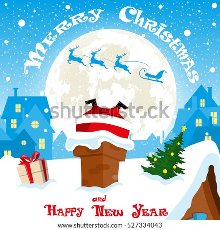 Merry Christmas banner. Silhouette sleigh with deers flying on moon background. Santa Claus stuck in the chimney city rooftops. Gift box. Concept poster, greeting card, flyer. Cartoon style. Vector