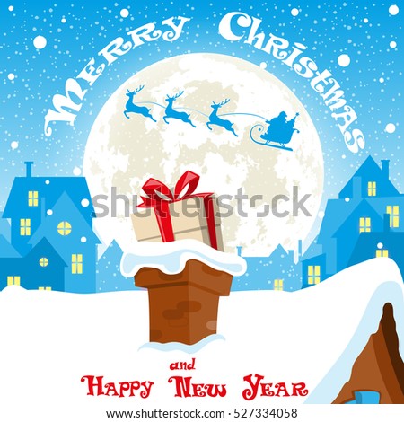 Merry Christmas banner. Silhouette of Santa Claus in sleigh with deers flying on moon background. Gift box in the chimney city rooftops. Concept poster, greeting card, flyer. Cartoon style. Vector