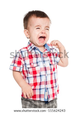 Little baby boy crying. Isolated on white bakcground
