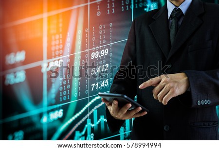 Double exposure businessman and stock market or forex graph suitable for financial investment concept. Economy trends background for business idea and all art work design. Abstract finance background.