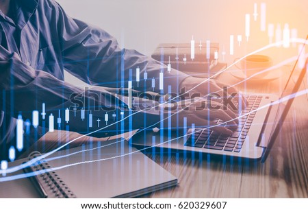 Double exposure businessman and stock market or forex graph suitable for financial investment concept. Economy trends background for business idea and all art work design. Abstract finance background.